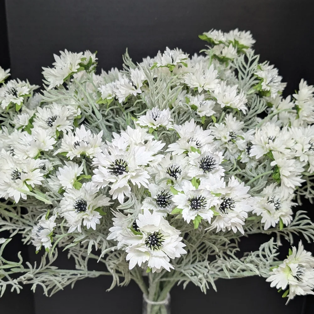 White Black Cornflower Bush Spray Faux Floral Design Artificial Flowers